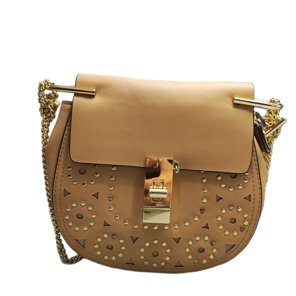 Inzi Saddle Crossbody Bag Womens Brown Studded Chain Strap Turn Lock Closure